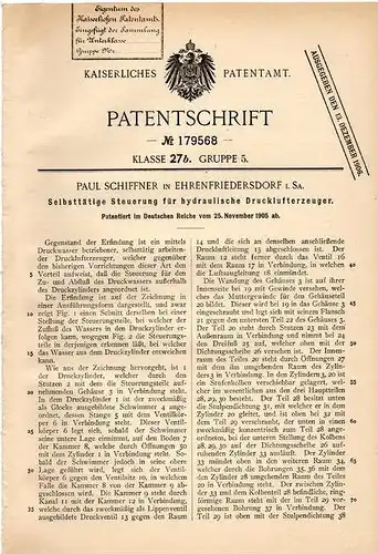 Original Patentschrift - P. Schiffner in Ehrenfriedersdorf i. Sa. , 1905, Steuerung für hydraulische Drucklufterzeuger !