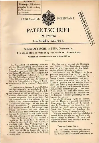 Original Patentschrift - A. Tesche in Leer , Ostfriesland , 1906 , Haarordner mit Heizung , Friseur , Frisör !!!
