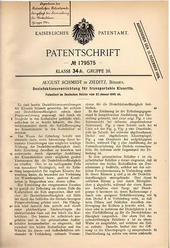Original Patentschrift - A. Schmist in Zieditz , Böhmen b. Sokolov , 1906 , Desinfektionsapparat für Klosett , WC !!!