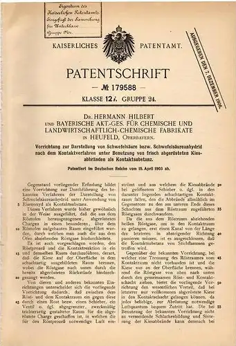 Original Patentschrift - Dr. H. Hilbert in Heufeld b. Bruckmühl , 1903 , Darstellung von Schwefelsäure !!!