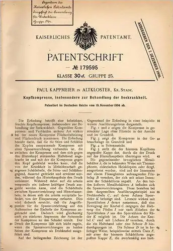Original Patentschrift - P. Kappmeier in Altkloster b. Buxtehude , Kr. Stade , 1904 , Kopfkompresse gegen Seekrankheit !