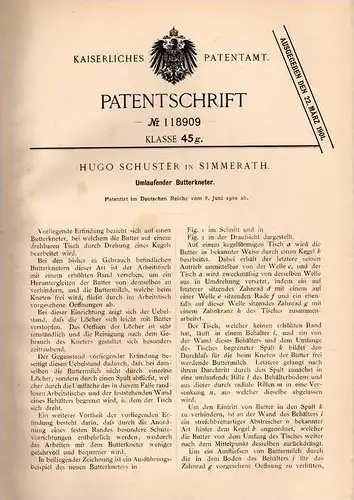 Original Patentschrift - Hugo Schuster in Simmerath b. Aachen , 1900 , Kneter für Butter , Buttermilch !!!