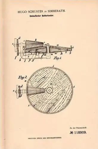 Original Patentschrift - Hugo Schuster in Simmerath b. Aachen , 1900 , Kneter für Butter , Buttermilch !!!
