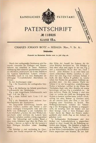 Original Patentschrift - Ch. Botz in Sedalia , Missouri , 1899 , Setzkasten , Lettern , Druckerei !!!
