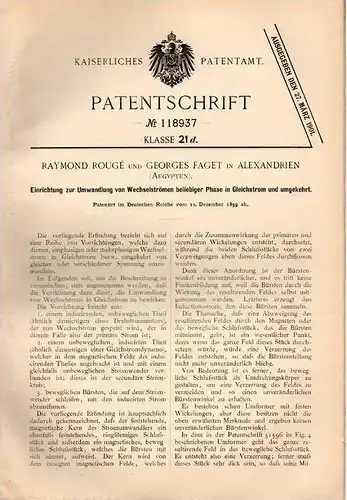 Original Patentschrift - R. Rougé und G. Faget in Alexandrien , Aegypten , 1899 , Apparat für Gleichstrom - Umwandlung !
