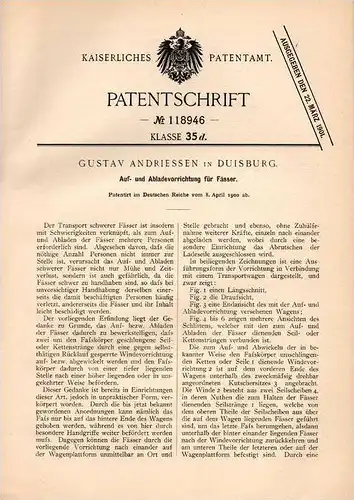 Original Patentschrift - G. Andriessen in Duisburg , 1900 , Vorrichtung für Fässer , Bierfass , Brauerei !!!