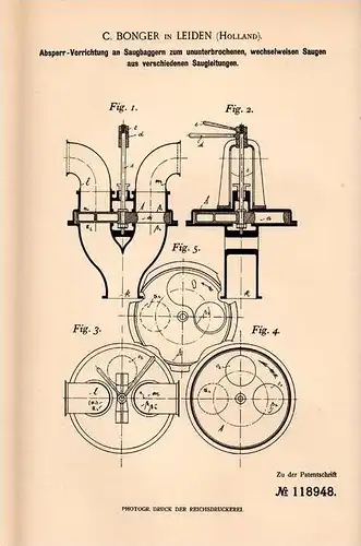 Original Patentschrift - C. Bonger in Leiden , Holland , 1900 , Absperrer für Saugbagger , Bagger !!!