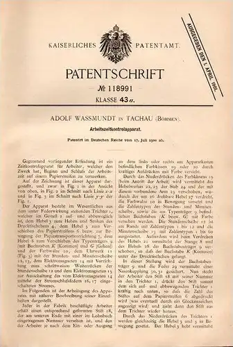 Original Patentschrift - A. Wassmundt in Tachau , Böhmen , 1900 , Arbeitszeit - Kontrollapparat !!!