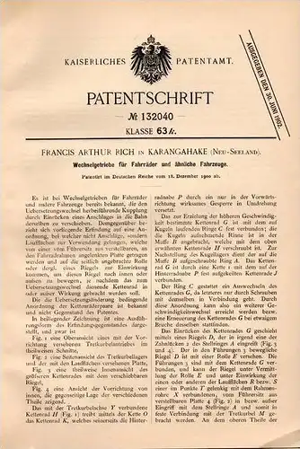 Original Patentschrift - F. Rich in Karangahake , Neuseeland , 1900 , Wechselgetriebe für Fahrrad !!!