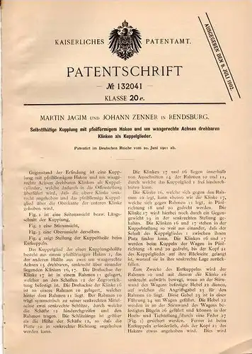 Original Patentschrift - M. Jagim und J. Zenner in Rendsburg , 1901 , selbsttätige Kupplung !!!