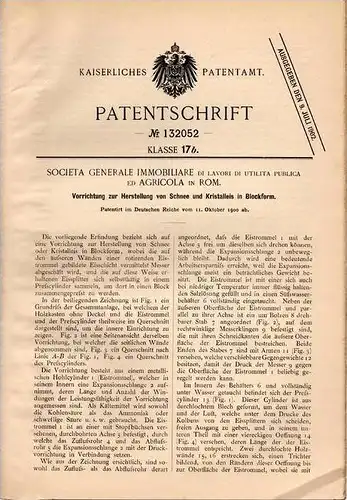 Original Patentschrift -  Societa Immobiliare ed Agricola in Rom , 1900 , Apparat für Eis und Schnee !!!