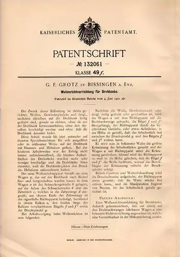 Original Patentschrift - G.F. Grotz in Bissingen a. Enz , 1901 , Drehbank - Wellenrichtapparat , Dreherei !!!