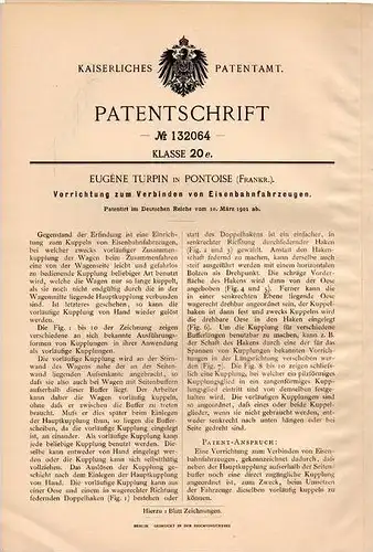 Original Patentschrift - E. Turpin in Pontoise , 1901 , Verbindung für Eisenbahn !!!