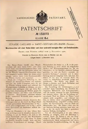 Original Patentschrift - Z. Gaillard in Saint Gervais les Bains , 1901 , Waschmaschine , Wäscherei !!!