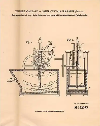 Original Patentschrift - Z. Gaillard in Saint Gervais les Bains , 1901 , Waschmaschine , Wäscherei !!!