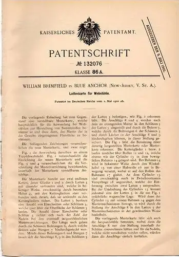 Original Patentschrift - W. Brimfield in Blue Anchor , New Jersey , 1900 , Lattenkarte für Webstuhl , Weberei !!!