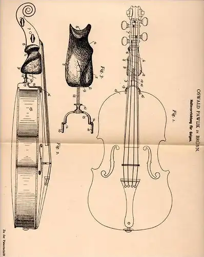 Original Patentschrift - Oswald Pawlik in Brünn , 1901 , Halter für Geigen , Geige , Violine , Cello !!!