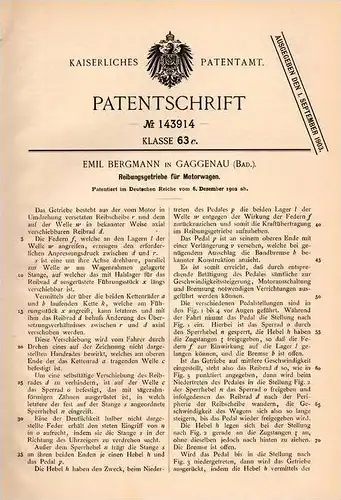 Original Patentschrift - E. Bergmann in Gaggenau , 1902 , Reibungsgetriebe für Motorwagen , Automobile !!!
