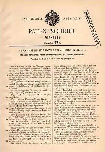 Original Patentschrift - A. Hovland in Horten , Norwegen , 1902 , Bootsdavit , Boot , Hafen , Werft , Schiff !!!