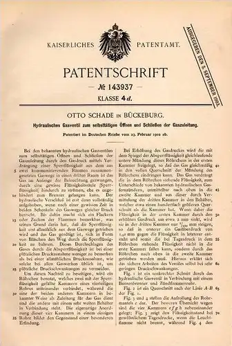 Original Patentschrift - Otto Schade in Bückeburg , 1902 , Hydraulische Gasventil für Lampen , Gas - Beleuchtung !!!