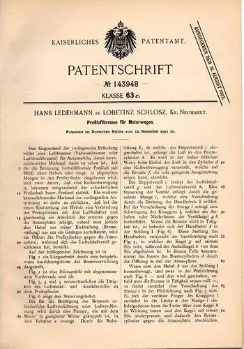 Original Patentschrift - H. Ledermann in Lobetinz Schloß , Kr. Neumarkt , 1902 , Druckluftbremse für Automobile !!!