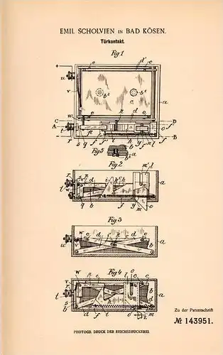 Original Patentschrift - Emil Scholvien in Bad Kösen b. Naumburg a.S., 1902 , Türkontakt !!!