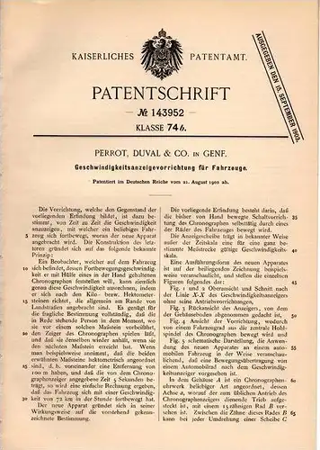 Original Patentschrift - Perrot , Duval & Co. in Genf , 1902 , Tacho , Tachometer für Automobile !!!