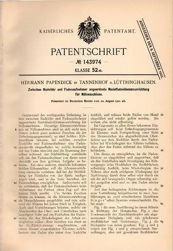 Original Patentschrift - H. Papendick in Tannenhof b. Lüttringhausen , 1901 , Nähmaschine - Nadelklemmvorrichtung !!!