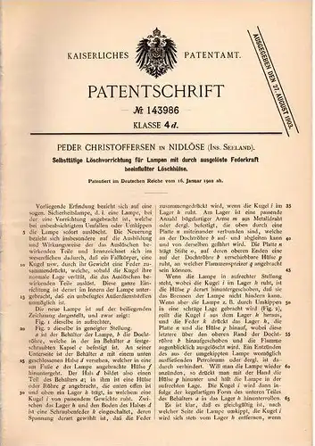 Original Patentschrift - P. Christoffersen in Nidlöse , Ins. Seeland , 1902 , Lampen - Löschvorrichtung !!!