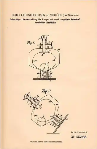 Original Patentschrift - P. Christoffersen in Nidlöse , Ins. Seeland , 1902 , Lampen - Löschvorrichtung !!!