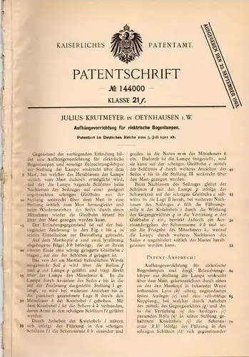 Original Patentschrift - Julius Krutmeyer in Oeynhausen i.W., 1902 , elektr. Bogenlampen - Aufhängung !!!