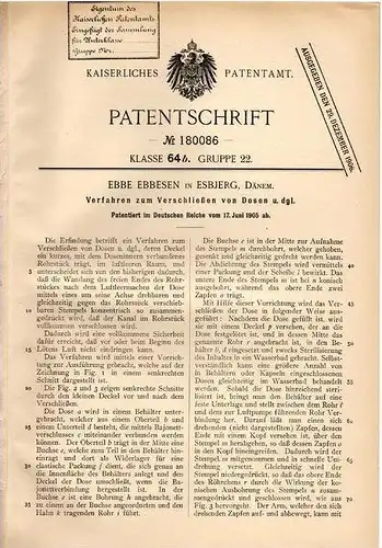 Original Patentschrift - Ebbe Ebbesen in Esbjerg , Dänemark , 1905 , Verschließen von Dosen !!!