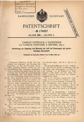 Original Patentschrift - C. Coppeaux in Zaventem , 1905 , Apparat zur Regelung und Messung der Luft bei Heizung !!!
