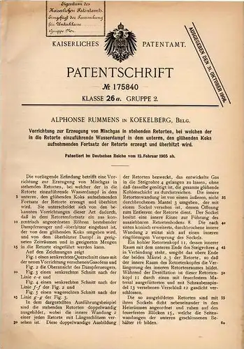 Original Patentschrift - A. Rummens in Koekelberg , 1905 , Apparat zur Mischgas - Erzeugung !!!