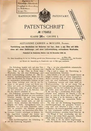 Original Patentschrift - A. Cabrier in Moulins , 1904 , Apparat zum für Retorten von Gas- und Zinköfen , Ofen !!!