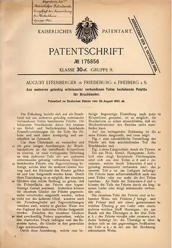 Original Patentschrift - A. Effenberger in Friedeburg b. Freiberg i.S., 1905 , Pelotte für Bruchbänder  , Bruch !!!