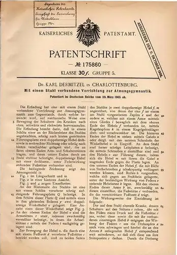 Original Patentschrift - Dr. Karl Dermitzel in Charlottenburg , 1905 , Stuhl mit Atmungsapparat , Atmung - Gymnastik !!