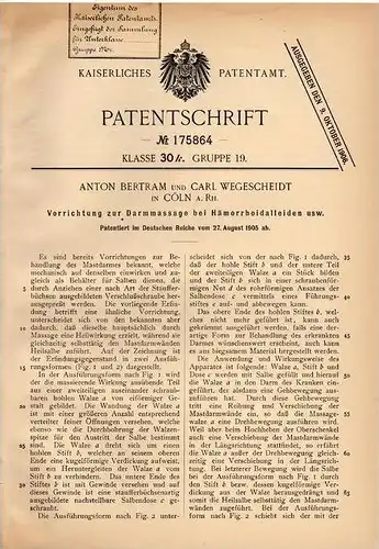 Original Patentschrift - Apparat zur Darmmassage bei Hämorrhoiden , 1905 , C. Wegescheidt in Cöln a. Rhein , Hämorriden