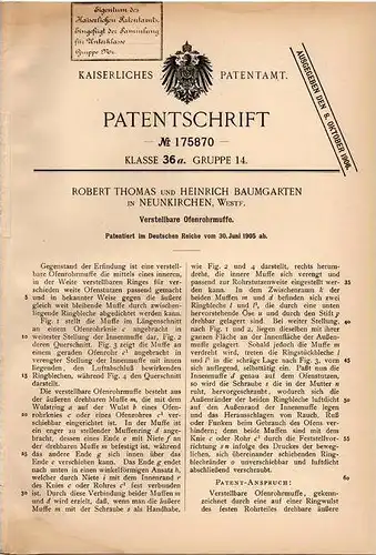 Original Patentschrift - R. Thomas in Neunkirchen , Westfalen , 1905 , Verstellbare Ofenrohrmuffe , Ofen !!!