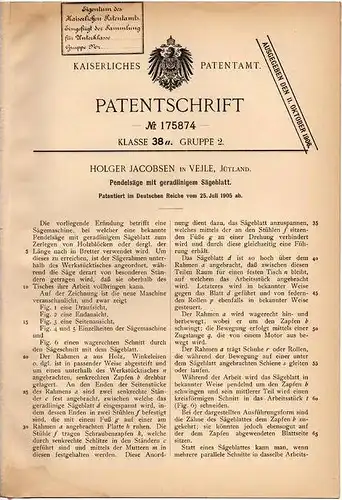 Original Patentschrift - H. Jacobsen in Vejle , 1905 , Jütland , Pebdelsäge , Säge , Tischlerei !!!