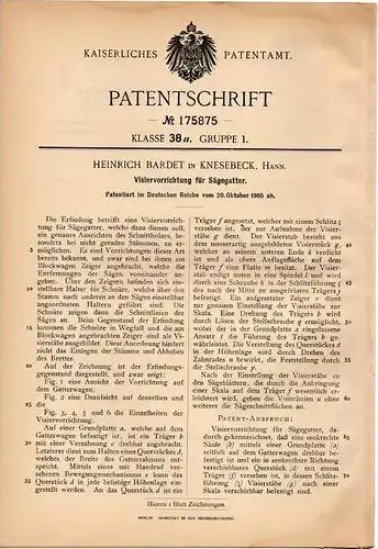 Original Patentschrift - H. Bardet in Knesebeck / Wittingen b. Gifhorn , 1905 , Visier für Sägegatter , Sägewerk !!!