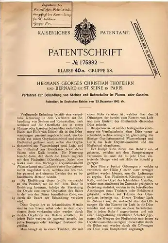 Original Patentschrift - Bernard de Saint Seine und H. Thofehrn in Paris , 1902 , Steine in Gasofen !!!
