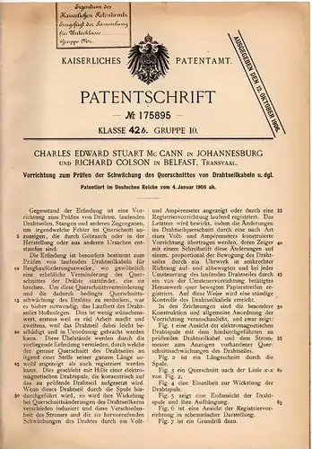 Original Patentschrift - R. Colson in Belfast und Johannesburg , 1906 , Apparat zum Prüfen von Drahtseilen , Kabel !!!