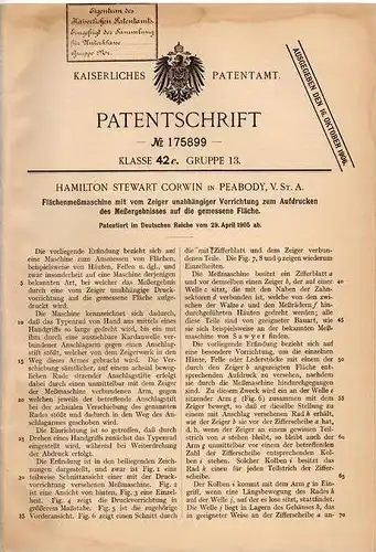 Original Patentschrift - H. Corwin in Peabody , Mass., USA , 1905 , Maschine zur Flächenmessung !!!