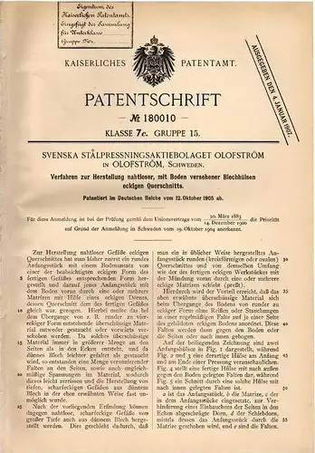 Original Patentschrift - Svenska Stalpressing AG in Olofström , Schweden , 1905 , Herstellung von nahtlosen Blechhülsen