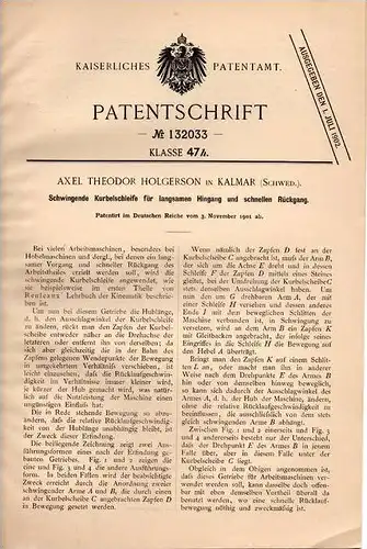 Original Patentschrift - A. Holgerson in Kalmar , Schweden , 1901, Kurbelschleife für Hobelmaschine , Hobel , Tischlerei