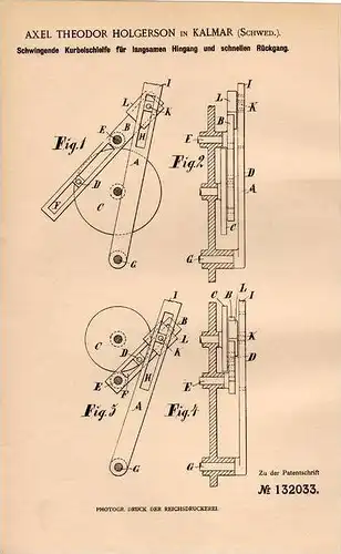 Original Patentschrift - A. Holgerson in Kalmar , Schweden , 1901, Kurbelschleife für Hobelmaschine , Hobel , Tischlerei