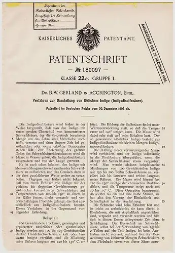 Original Patentschrift - Dr. B. Gerland in Accrington , England , 1903 , Darstellung von Indigo , Säure !!!