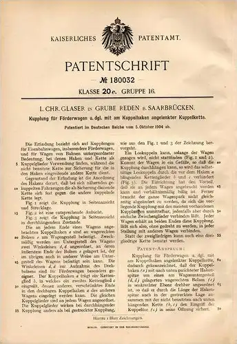 Original Patentschrift - L. Glaser in Grube Reden b. Schiffweiler ,1904, Kupplung für Förderwagen , Bergbau , Bergwerk !