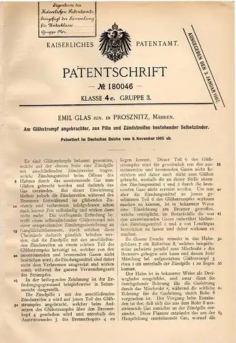 Original Patentschrift - Emil Glas in Proßnitz , Mähren , 1905 , Selbstzünder für Lampe !!!